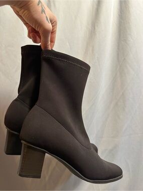 Rusty Lopez Brown Stretch Sock Booties with Block Heel - Women 7.5/8